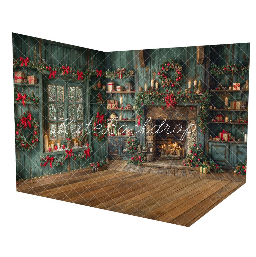 Kate Christmas Vintage Green Window Fireplace Room Set(8ftx8ft&10ftx8ft&8ftx10ft)