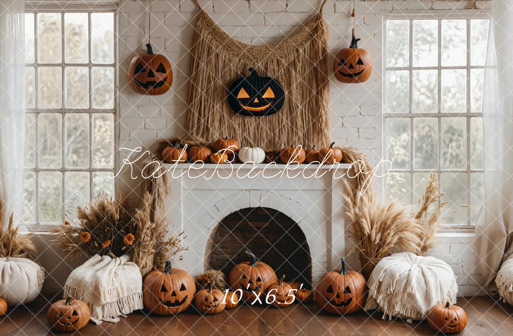 Kate Boho Halloween Backdrop White Fireplace Pumpkin Designed by Emetselch