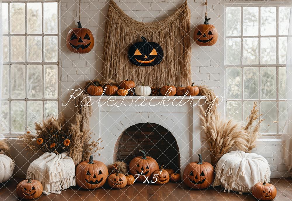 Kate Boho Halloween Backdrop White Fireplace Pumpkin Designed by Emetselch