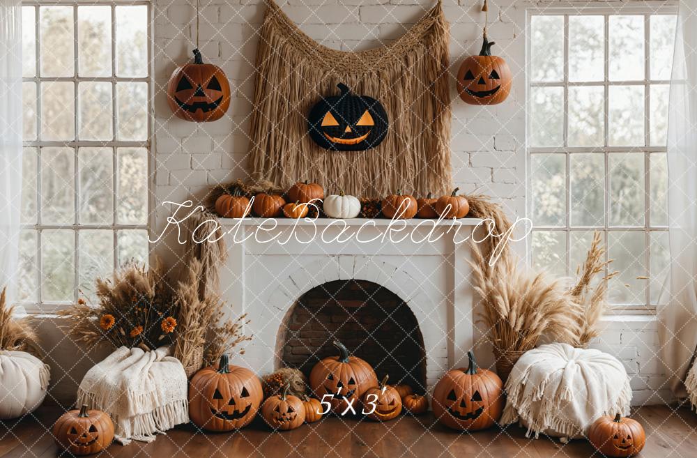 Kate Boho Halloween Backdrop White Fireplace Pumpkin Designed by Emetselch