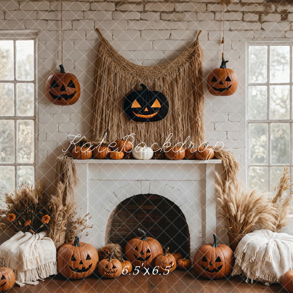 Kate Boho Halloween Backdrop White Fireplace Pumpkin Designed by Emetselch