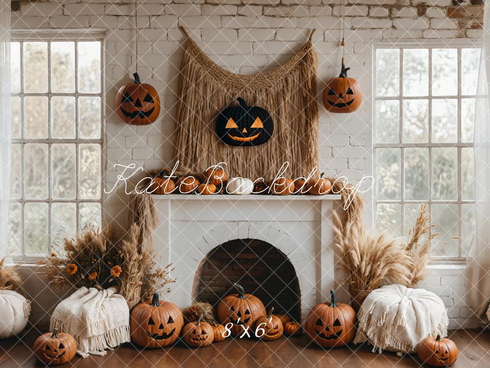 Kate Boho Halloween Backdrop White Fireplace Pumpkin Designed by Emetselch