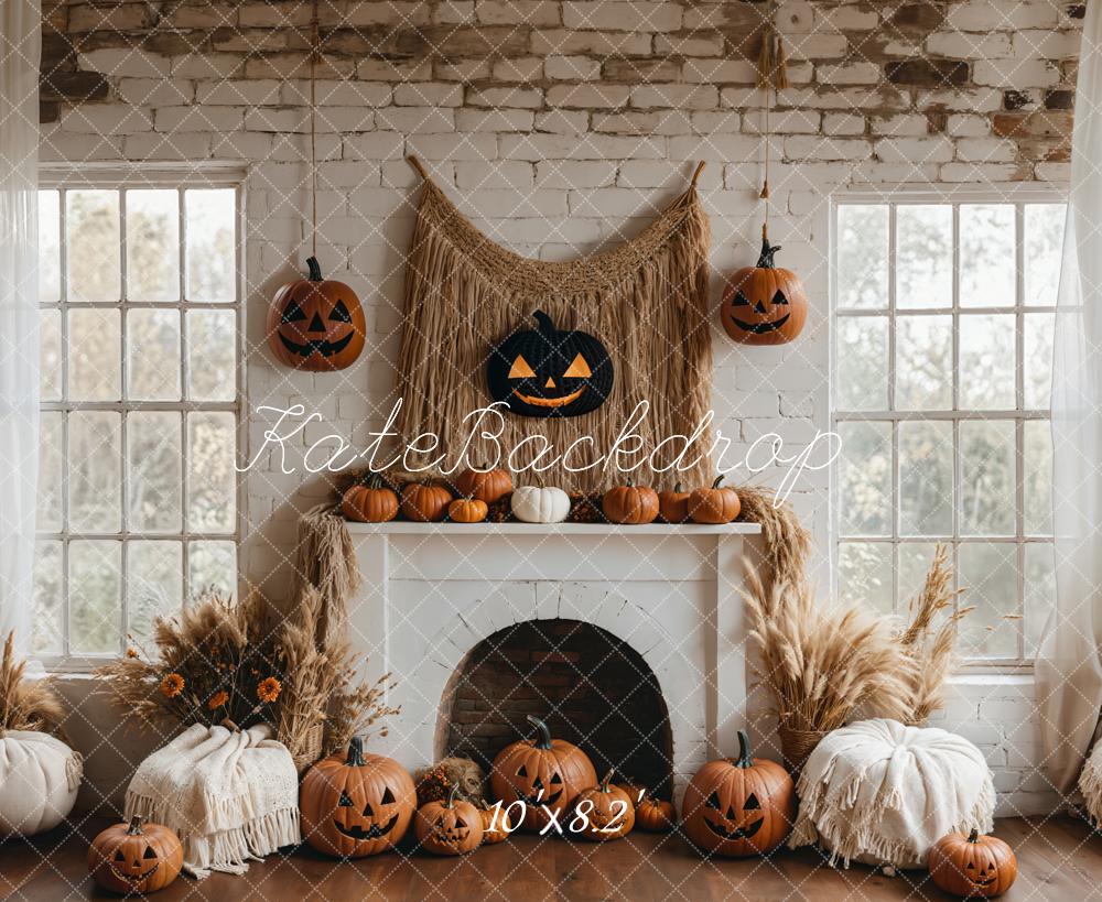 Kate Boho Halloween Backdrop White Fireplace Pumpkin Designed by Emetselch