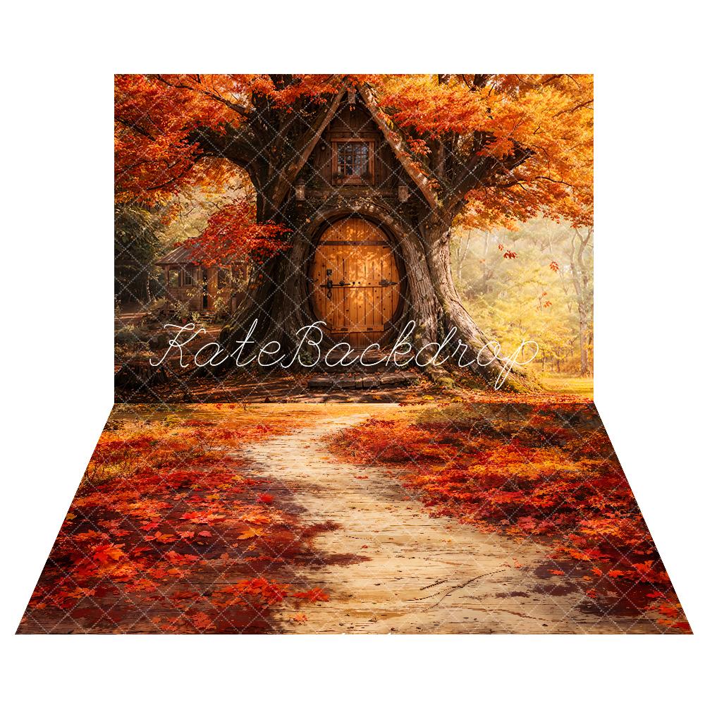 Kate Treehouse Backdrop+Fall Fallen Maple Leaves Path Floor Backdrop