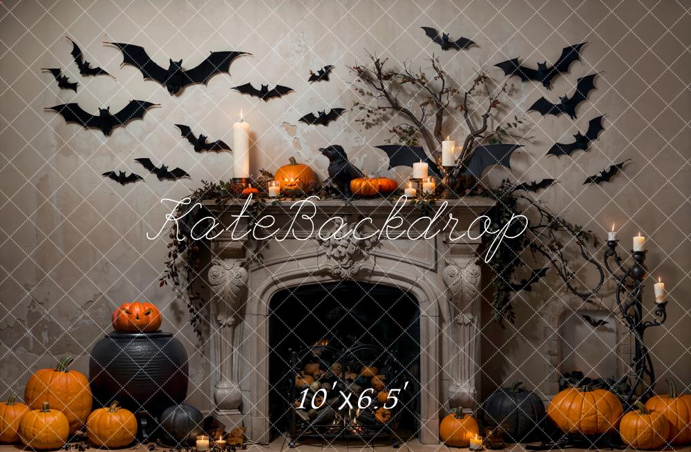 Kate Bat Halloween Backdrop Fireplace Pumpkin Designed by Emetselch