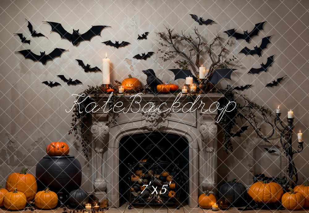 Kate Bat Halloween Backdrop Fireplace Pumpkin Designed by Emetselch