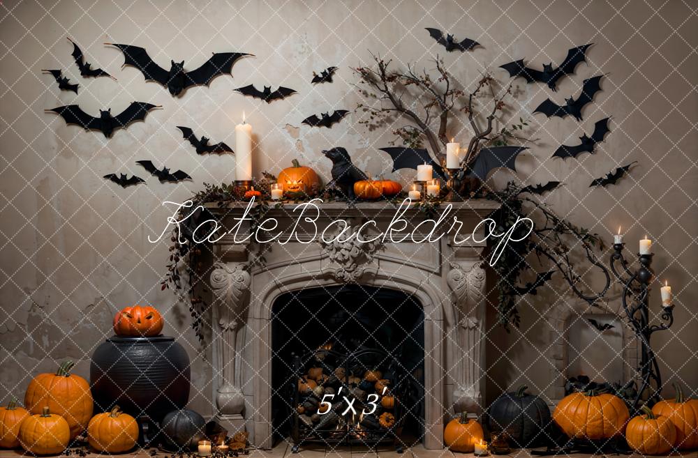 Kate Bat Halloween Backdrop Fireplace Pumpkin Designed by Emetselch