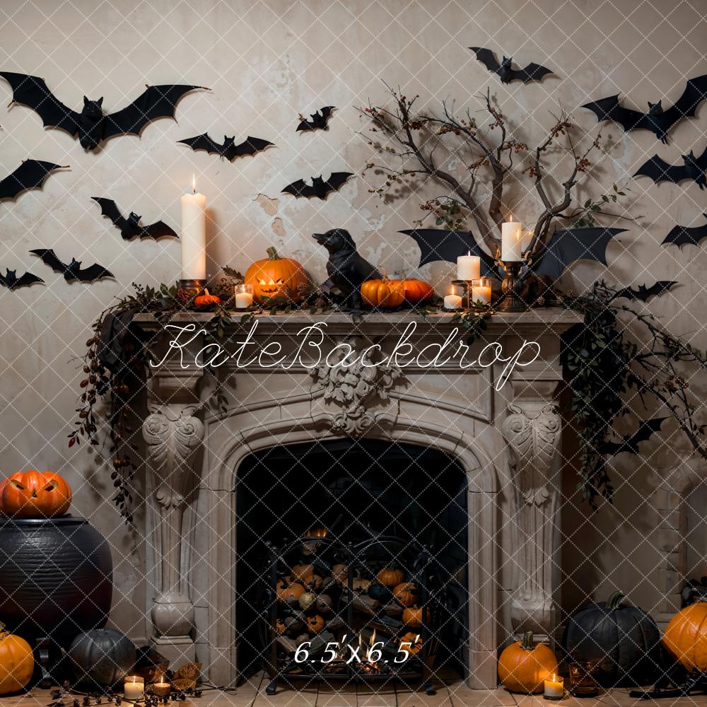 Kate Bat Halloween Backdrop Fireplace Pumpkin Designed by Emetselch