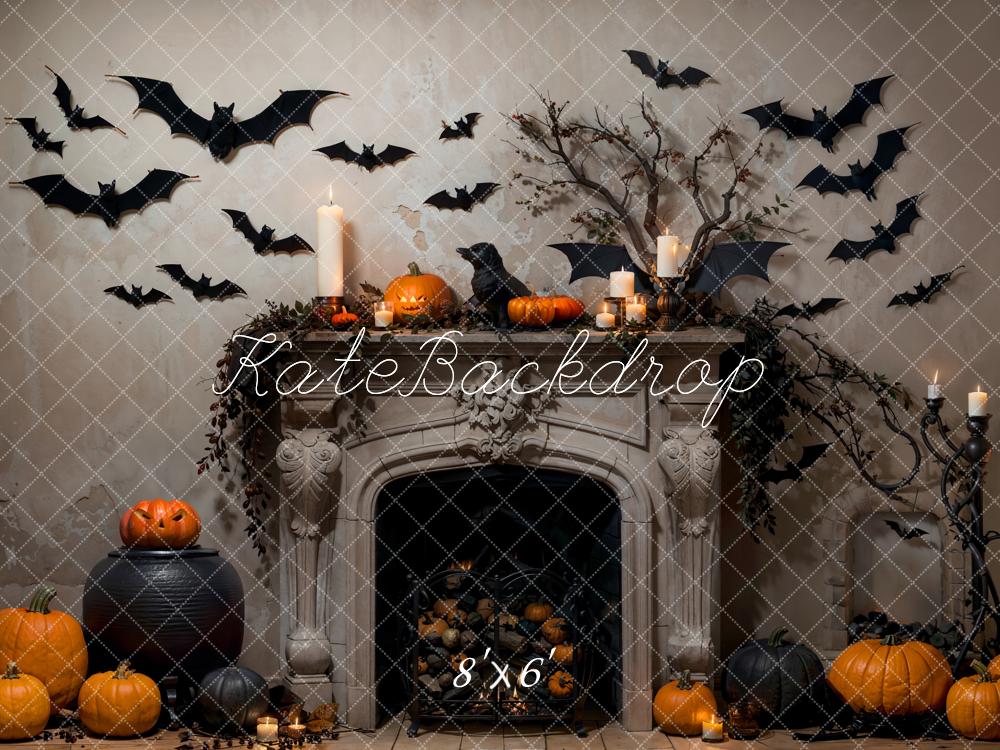 Kate Bat Halloween Backdrop Fireplace Pumpkin Designed by Emetselch