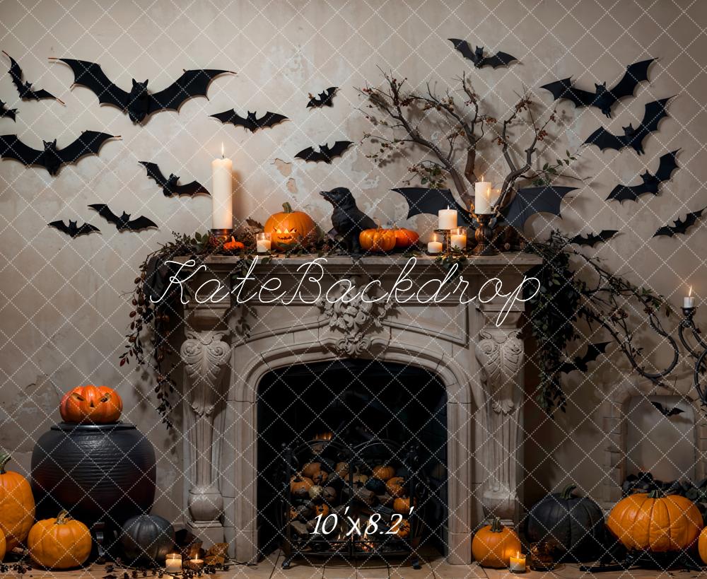 Kate Bat Halloween Backdrop Fireplace Pumpkin Designed by Emetselch