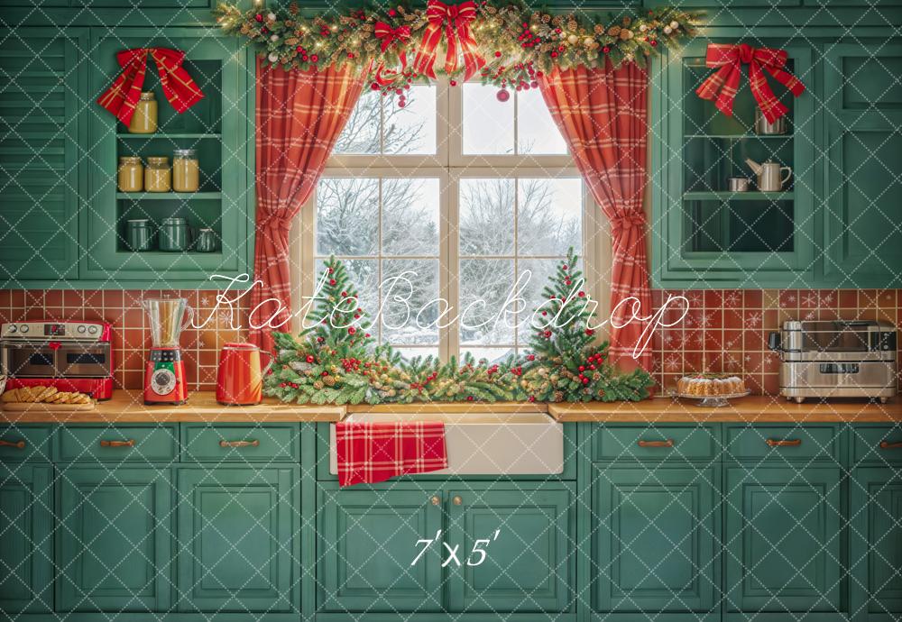 Kate Winter Green Christmas Kitchen Backdrop Window Designed by Emetselch