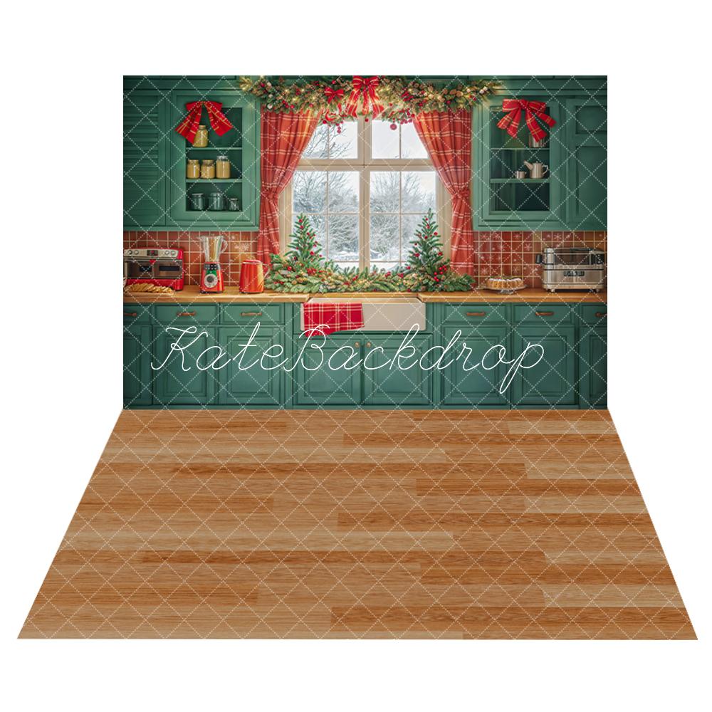 Kate Christmas Tree Green Kitchen Window Backdrop+ Wood Grain Floor Backdrop