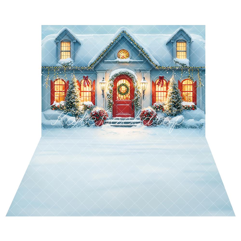 Kate Christmas Snow White House Backdrop+ White Snow Floor Backdrop