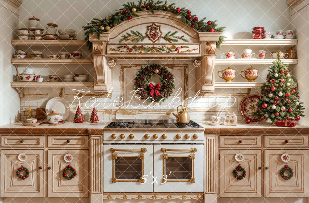 Kate Christmas Kitchen Apricot Cabinet Dishes Backdrop Designed by Emetselch