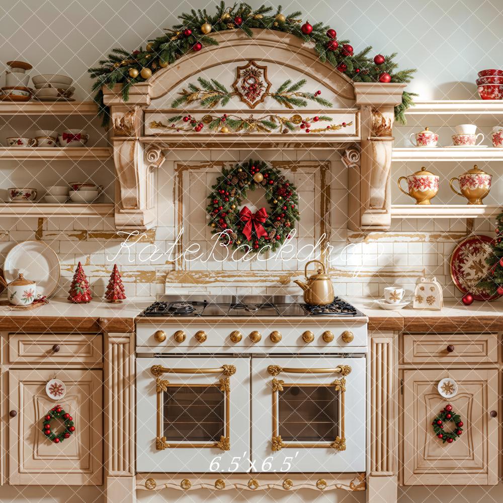 Kate Christmas Kitchen Apricot Cabinet Dishes Backdrop Designed by Emetselch