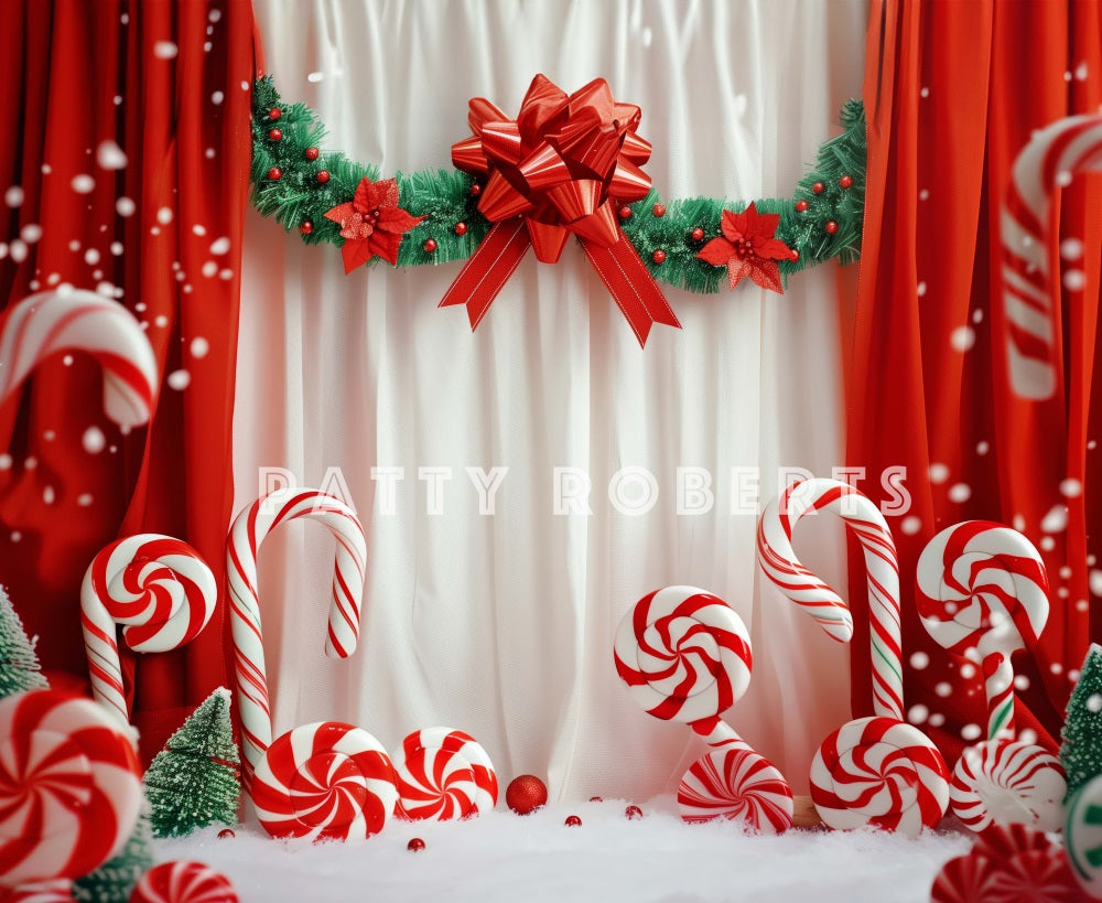 Kate Christmas Candy Canes On Red Curtains Backdrop Designed by Patty Robert