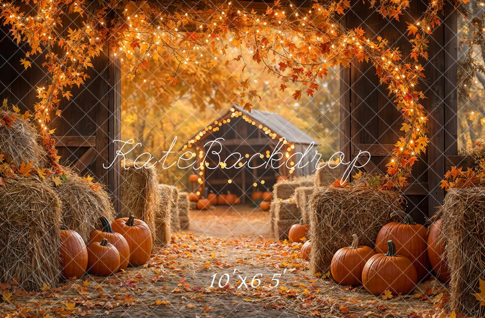 Kate Fall Pumpkin Backdrop Maple Leaf Straw Pile Thanksgiving Day Designed by Emetselch