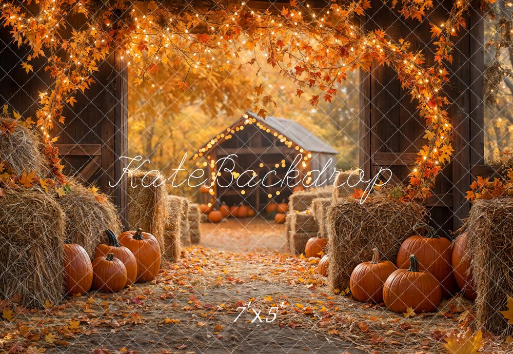 Kate Fall Pumpkin Backdrop Maple Leaf Straw Pile Thanksgiving Day Designed by Emetselch