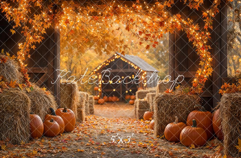 Kate Fall Pumpkin Backdrop Maple Leaf Straw Pile Thanksgiving Day Designed by Emetselch