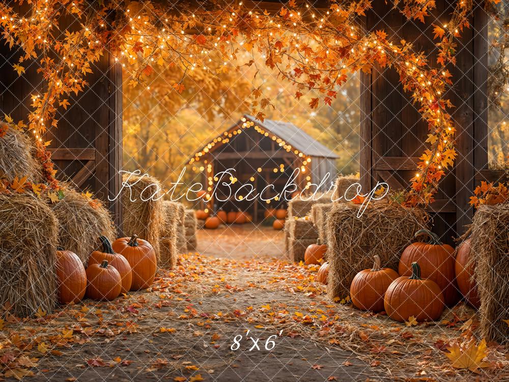 Kate Fall Pumpkin Backdrop Maple Leaf Straw Pile Thanksgiving Day Designed by Emetselch