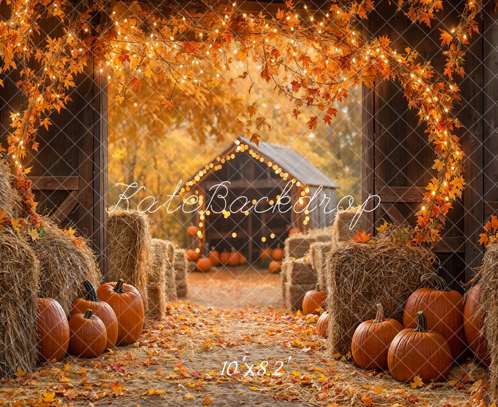 Kate Fall Pumpkin Backdrop Maple Leaf Straw Pile Thanksgiving Day Designed by Emetselch