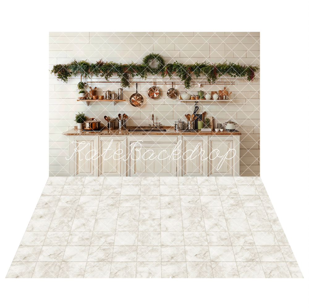 Kate Christmas Kitchen Backdrop+White Marble Texture Floor Backdrop