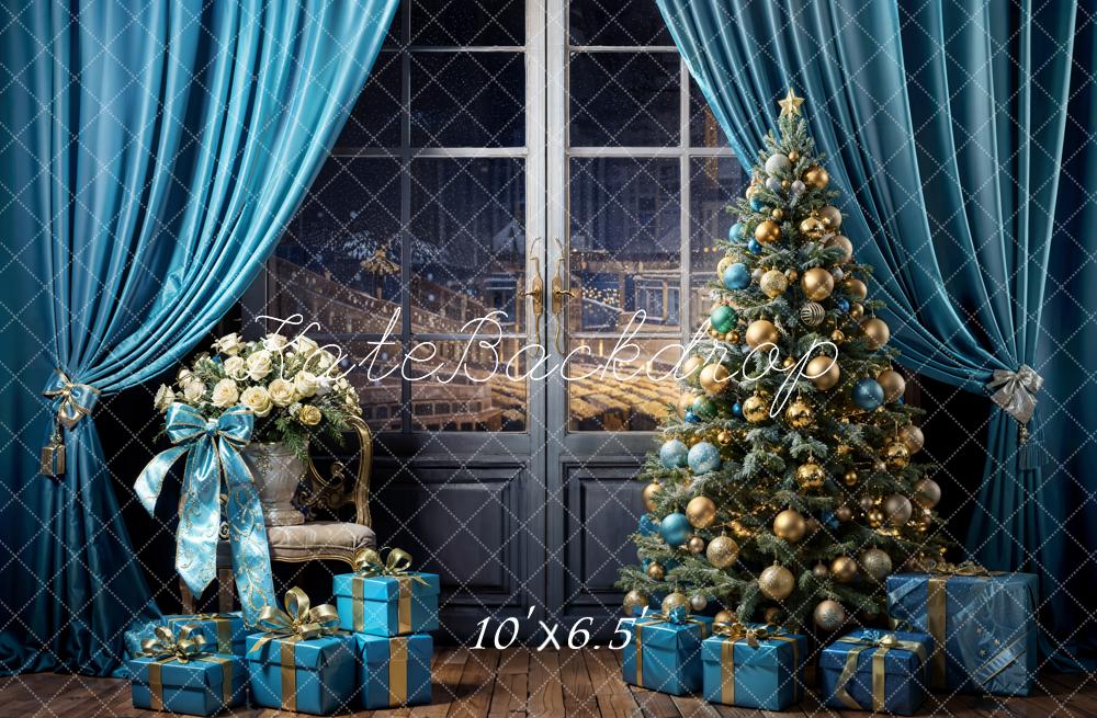 Kate Christmas Tree Backdrop Blue Curtains Gift Designed by Emetselch