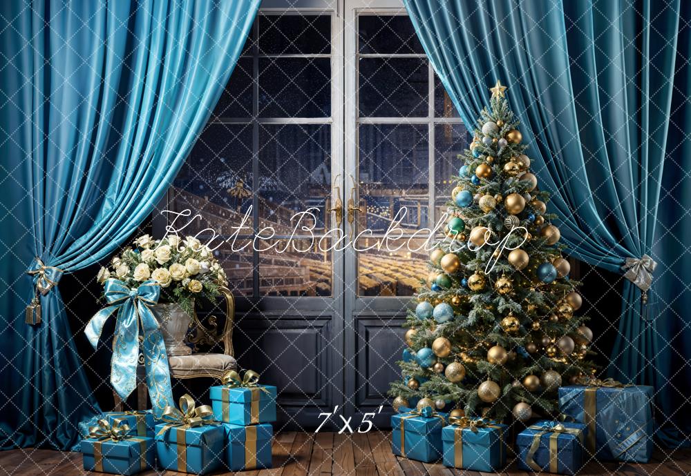 Kate Christmas Tree Backdrop Blue Curtains Gift Designed by Emetselch