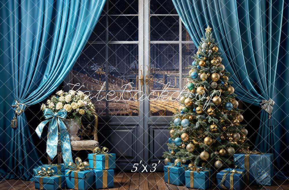 Kate Christmas Tree Backdrop Blue Curtains Gift Designed by Emetselch