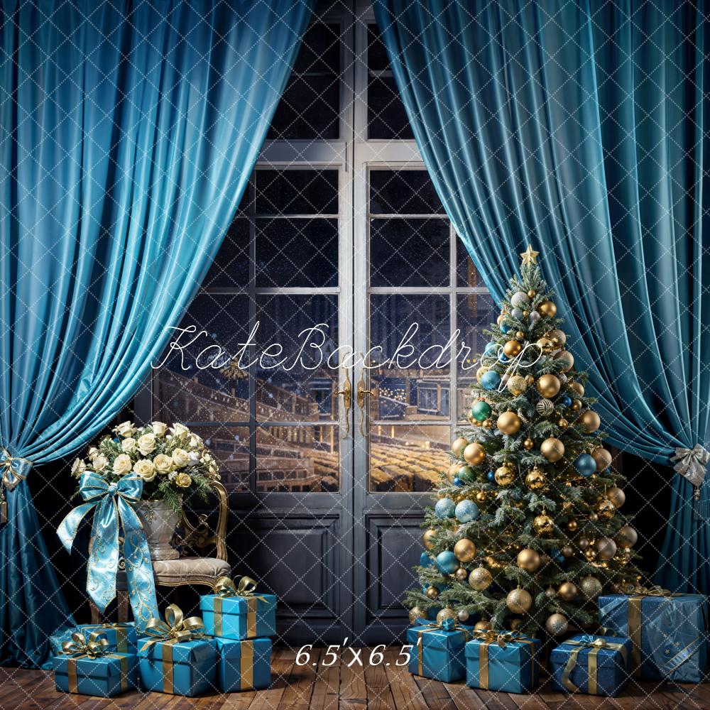 Kate Christmas Tree Backdrop Blue Curtains Gift Designed by Emetselch