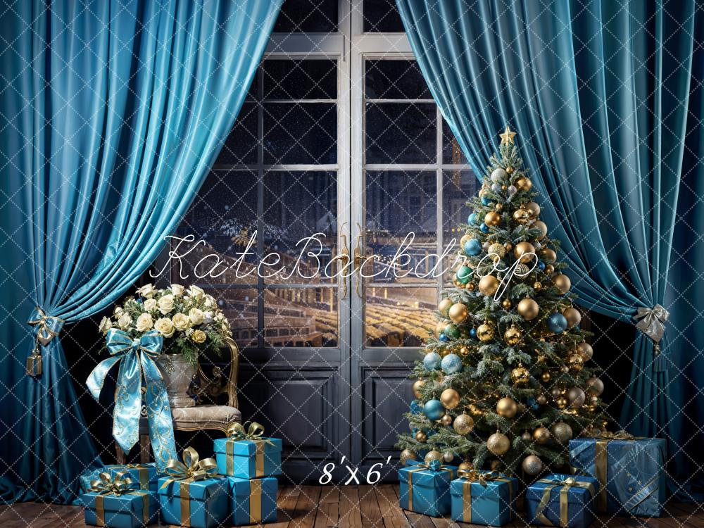 Kate Christmas Tree Backdrop Blue Curtains Gift Designed by Emetselch