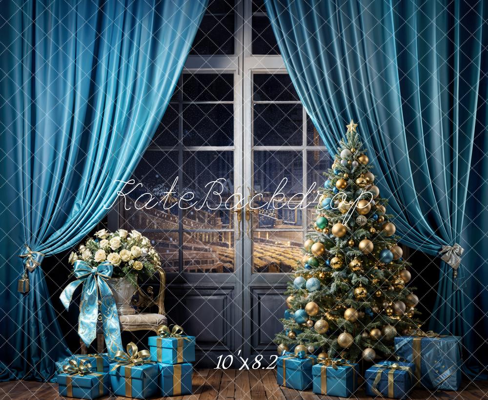 Kate Christmas Tree Backdrop Blue Curtains Gift Designed by Emetselch