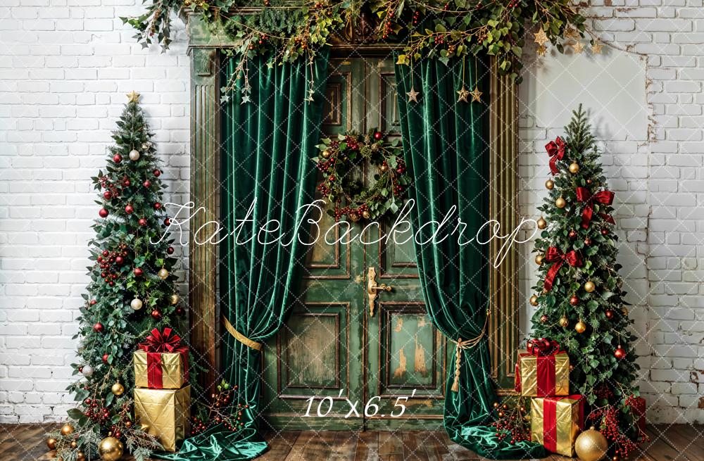 Kate Christmas Tree Backdrop Green Curtains Door White Wall Designed by Emetselch