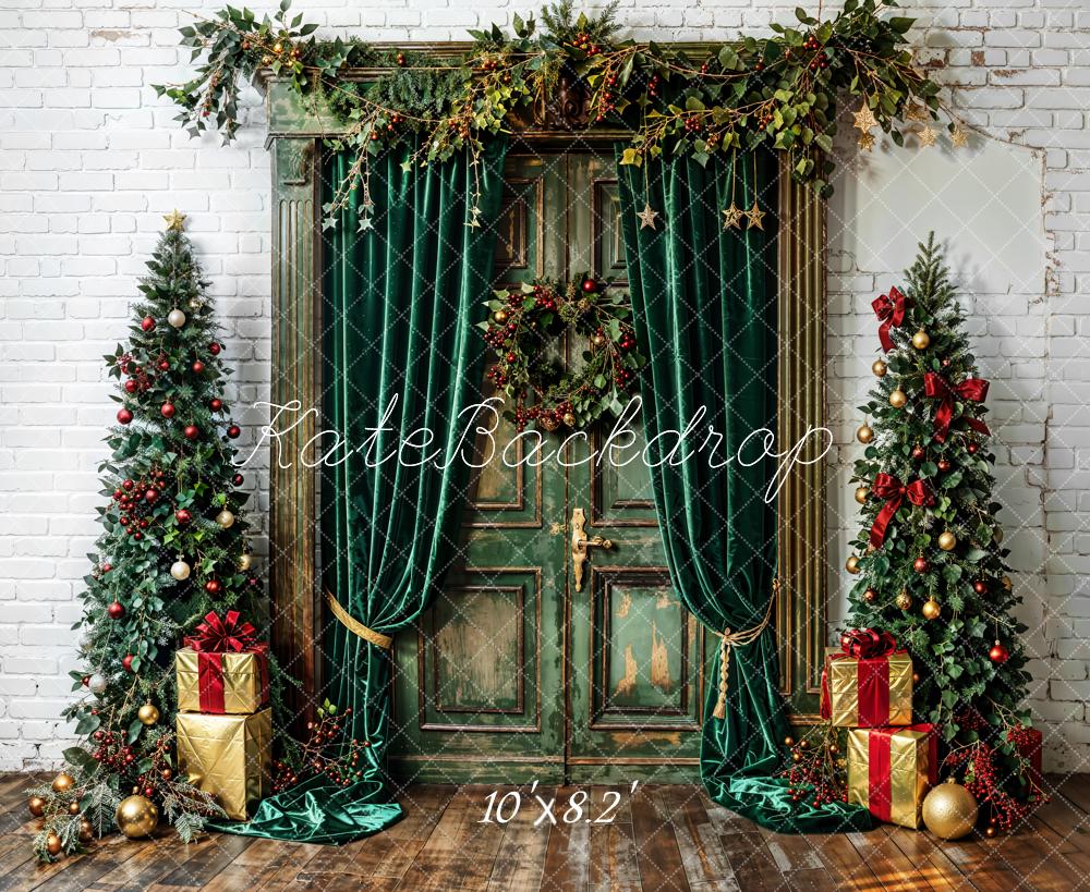 Kate Christmas Tree Backdrop Green Curtains Door White Wall Designed by Emetselch