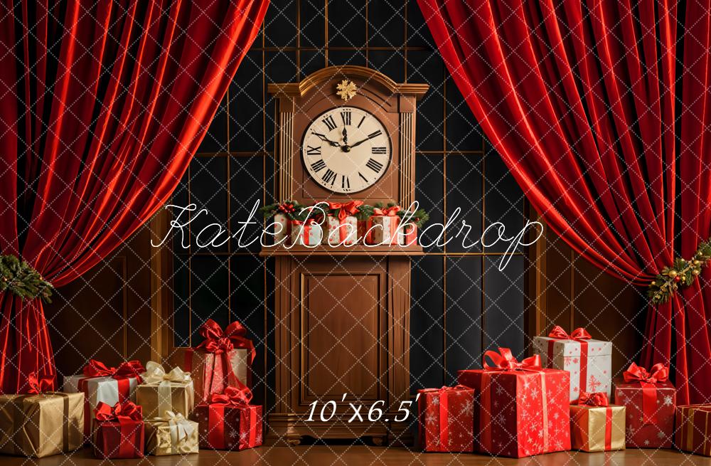 Kate Christmas Clock Red Curtains Backdrop Designed by Emetselch