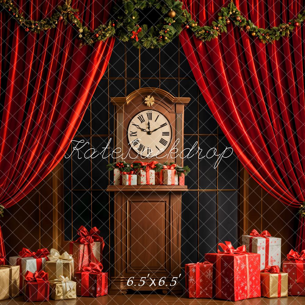 Kate Christmas Clock Red Curtains Backdrop Designed by Emetselch