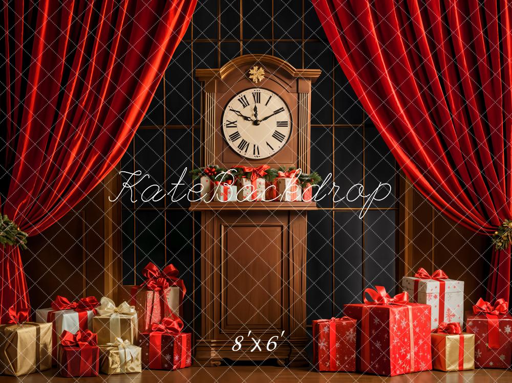 Kate Christmas Clock Red Curtains Backdrop Designed by Emetselch