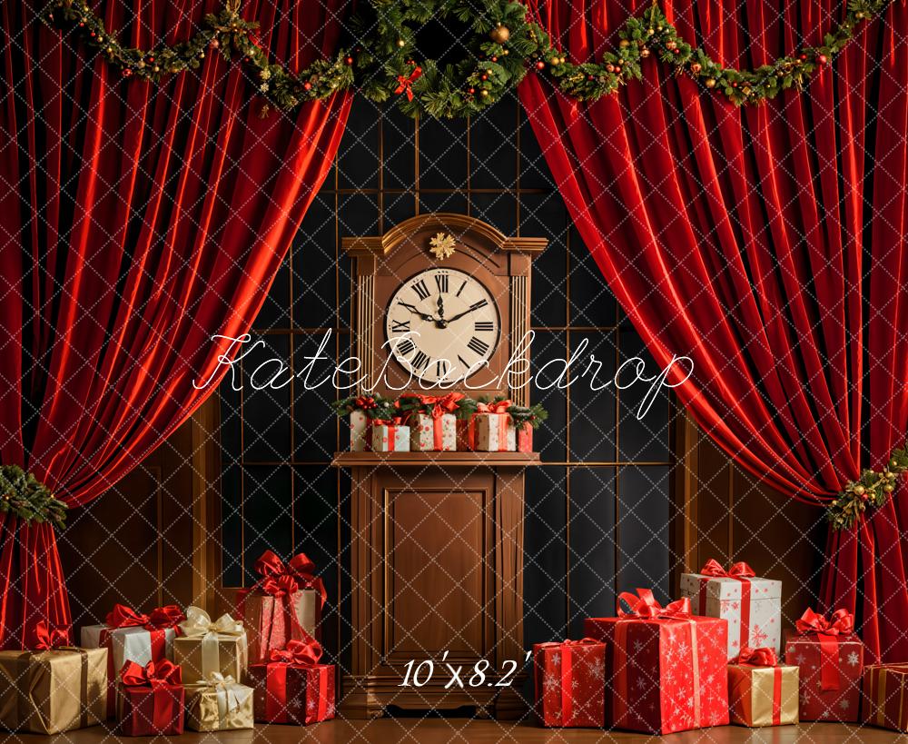 Kate Christmas Clock Red Curtains Backdrop Designed by Emetselch