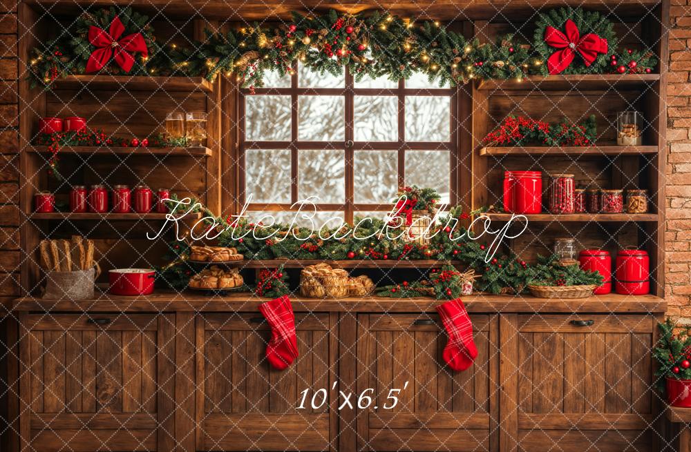 Kate Christmas Kitchen Backdrop Brown Wooden Cabinets Red Stocking Designed by Emetselch