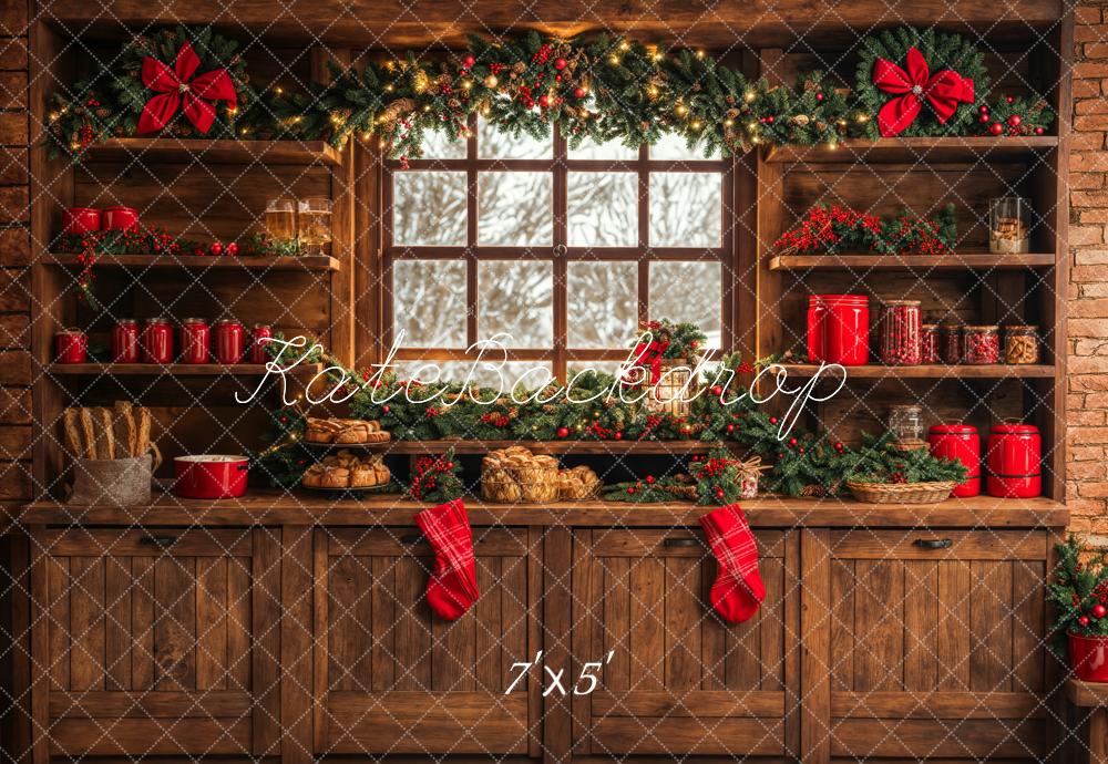 Kate Christmas Kitchen Backdrop Brown Wooden Cabinets Red Stocking Designed by Emetselch