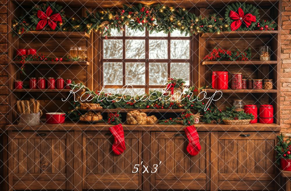 Kate Christmas Kitchen Backdrop Brown Wooden Cabinets Red Stocking Designed by Emetselch