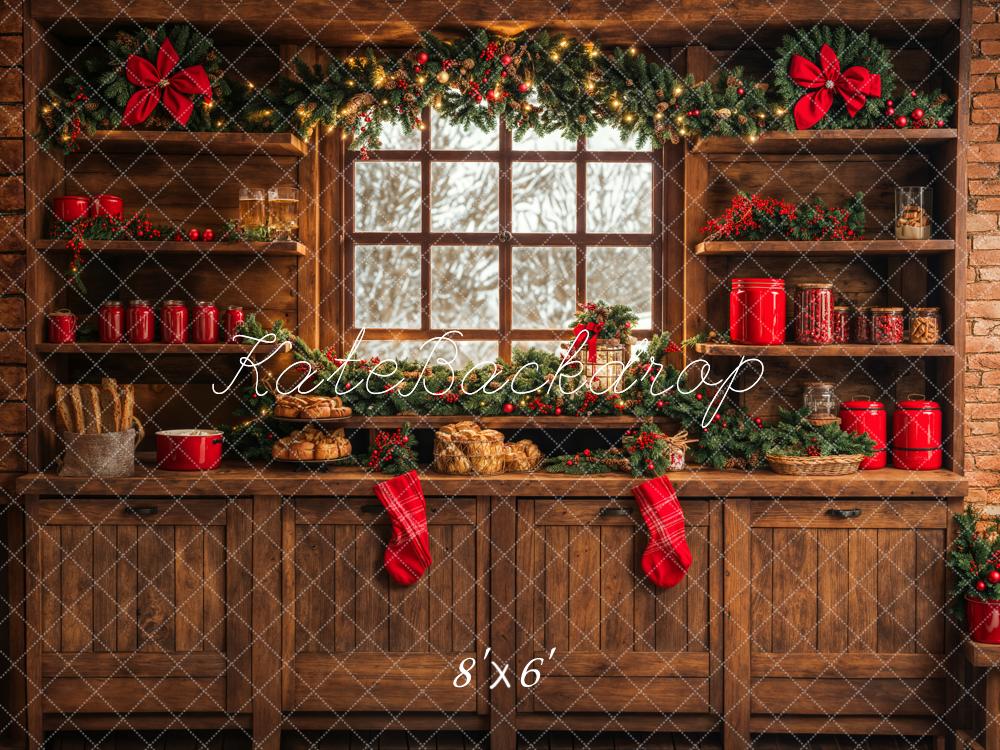 Kate Christmas Kitchen Backdrop Brown Wooden Cabinets Red Stocking Designed by Emetselch