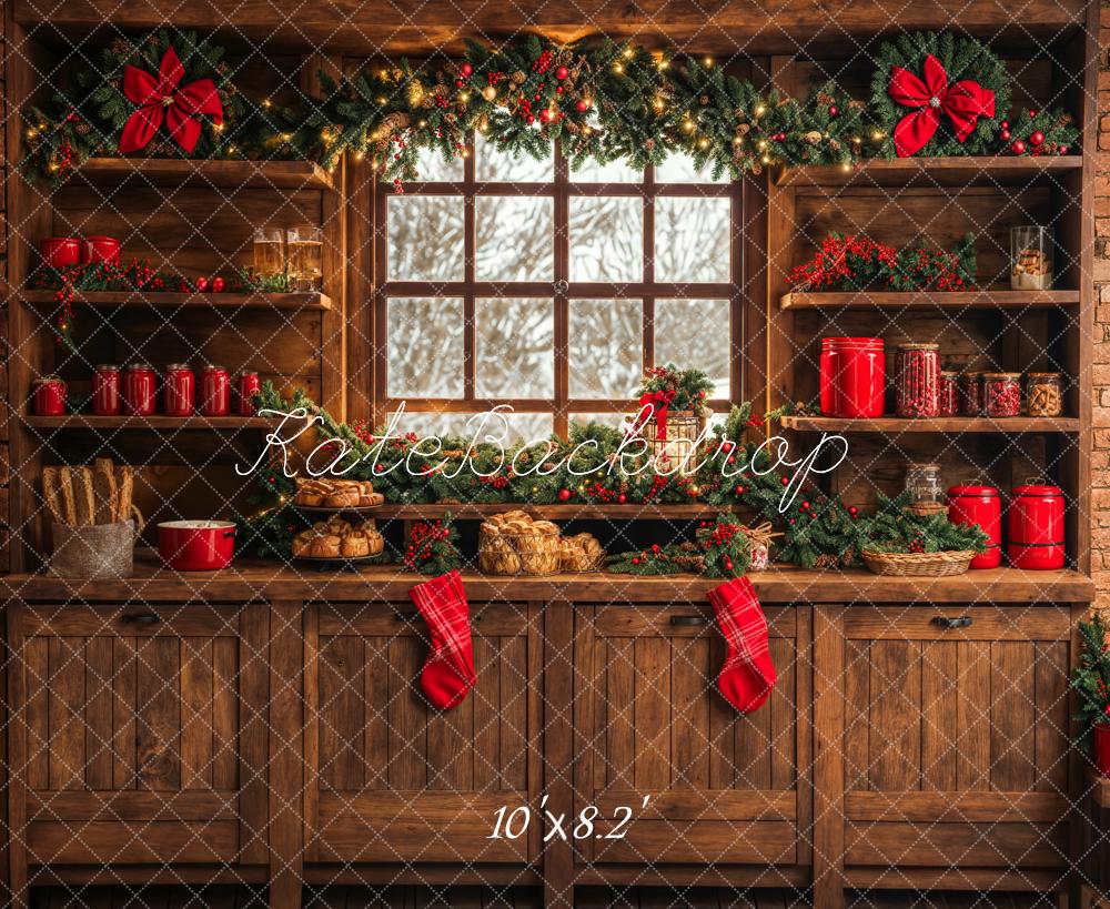 Kate Christmas Kitchen Backdrop Brown Wooden Cabinets Red Stocking Designed by Emetselch