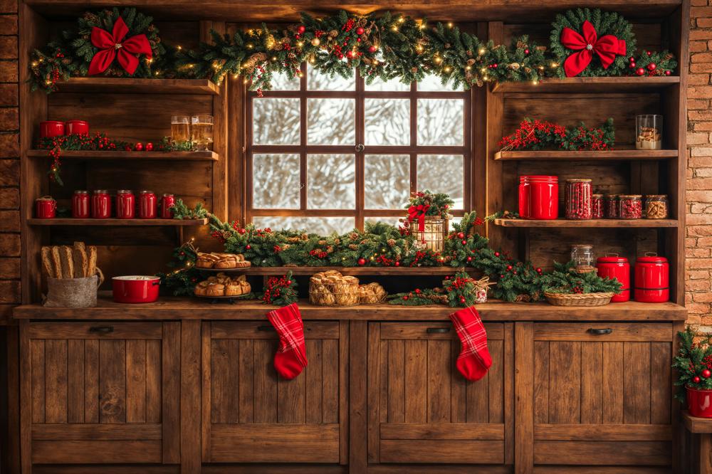 Kate Christmas Kitchen Backdrop Brown Wooden Cabinets Red Stocking Designed by Emetselch