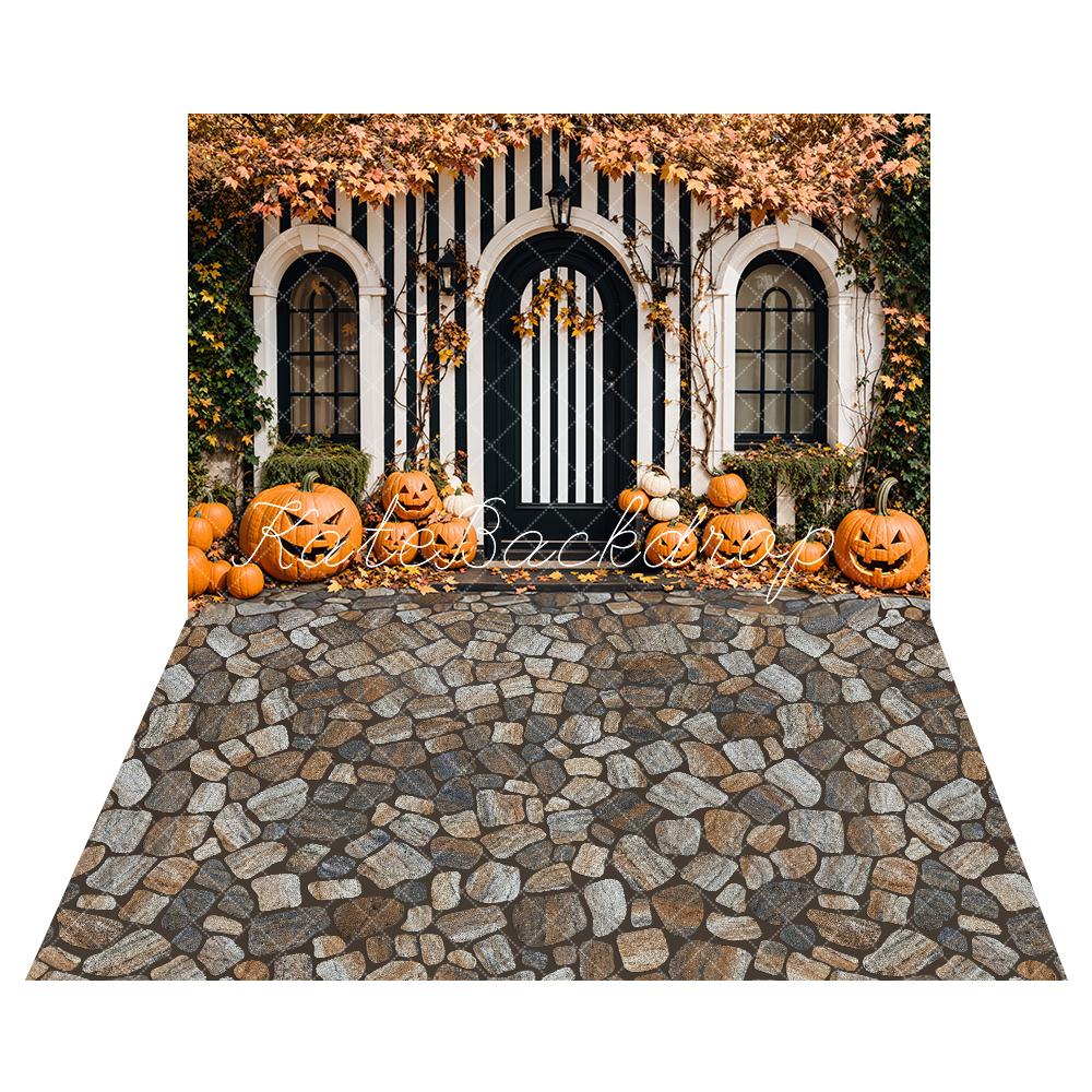 Kate Black White Arch Pumpkin Halloween Backdrop+Stone Floor Backdrop