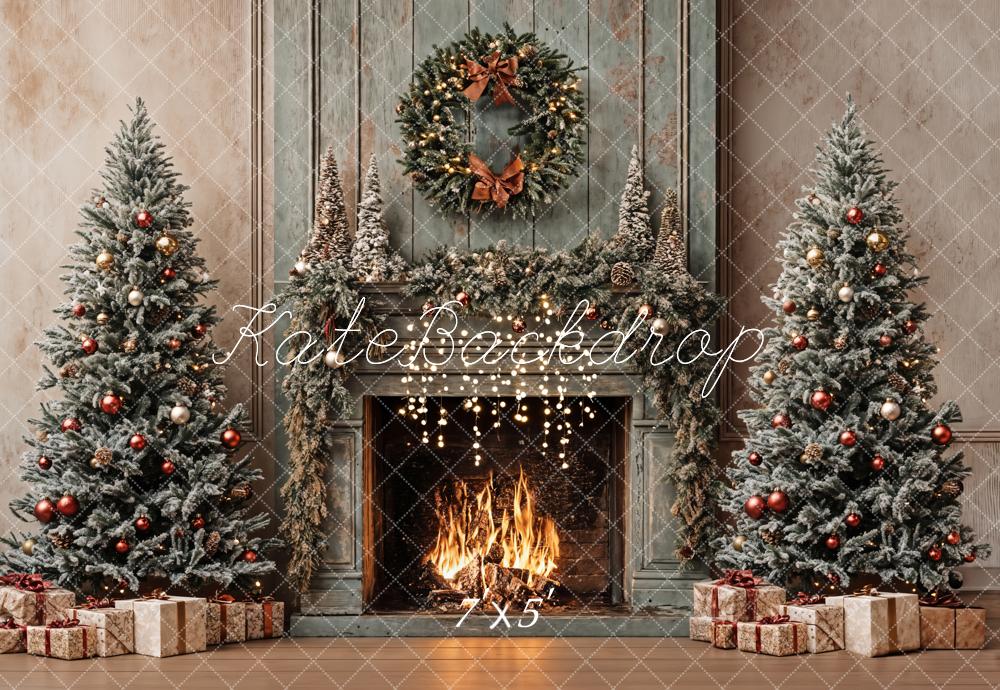 Kate Retro Christmas Tree Fireplace Backdrop For Photography