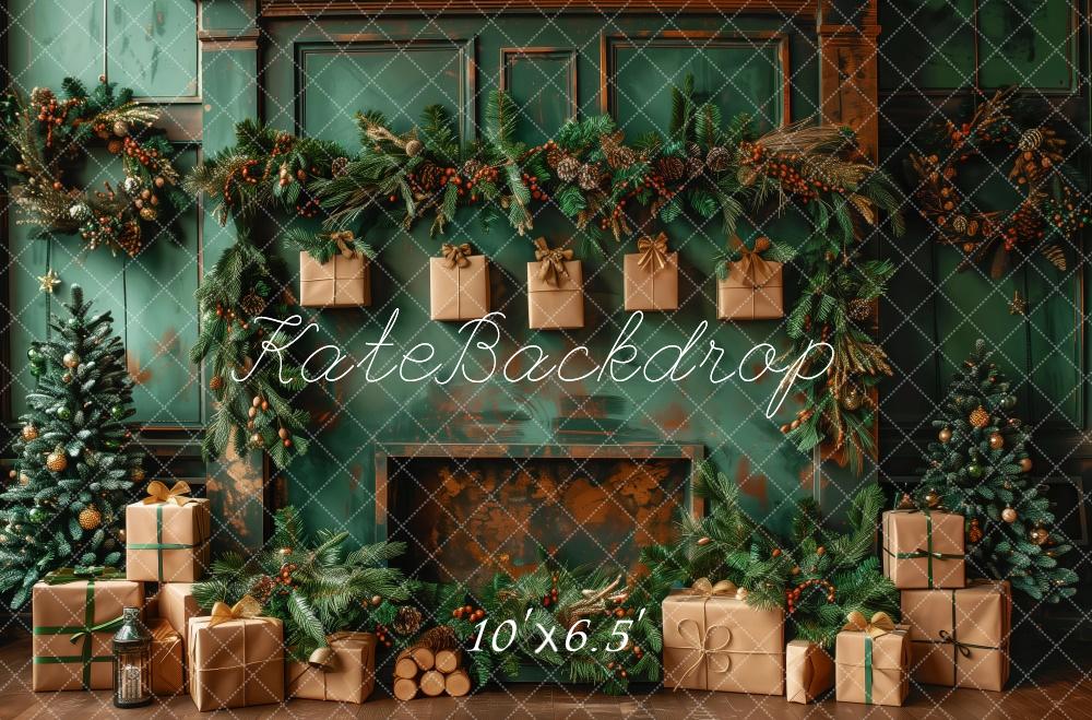 Kate Elegant Green Christmas Fireplace Backdrop Designed by Patty Robert