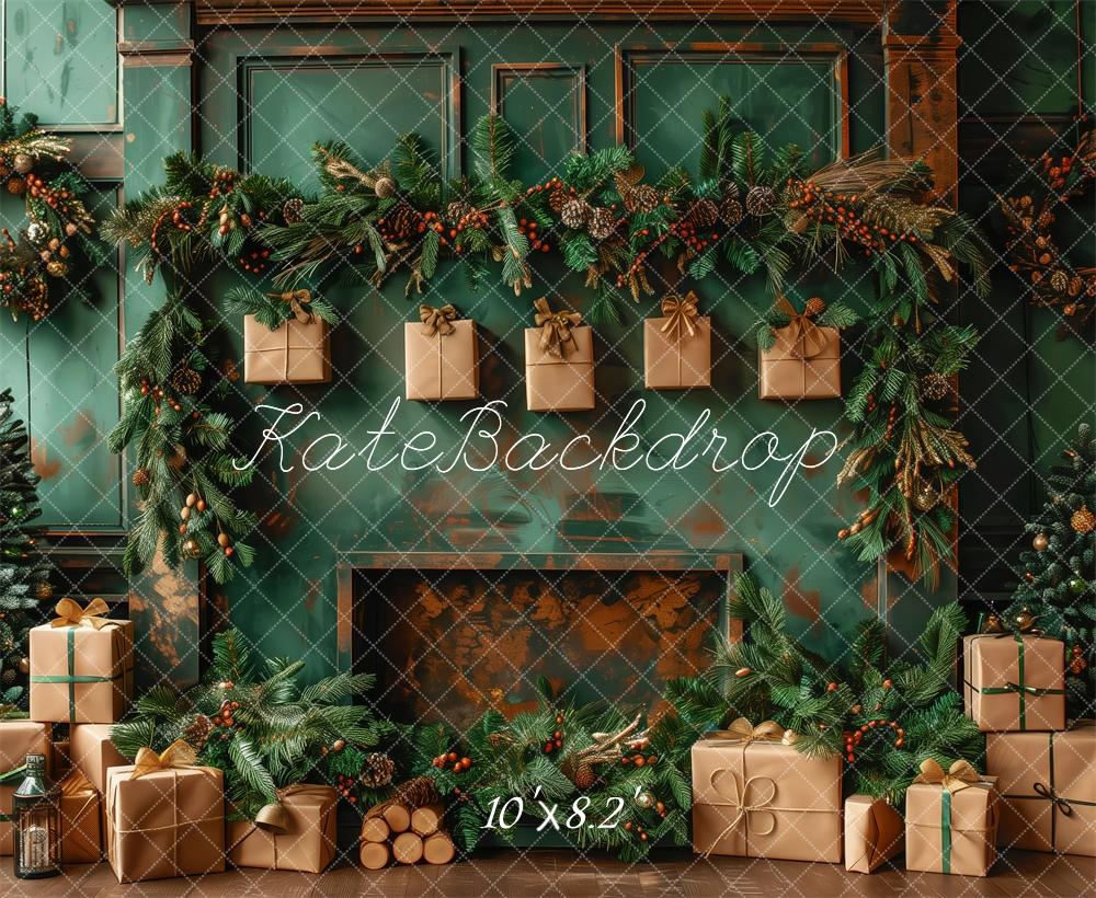 Kate Elegant Green Christmas Fireplace Backdrop Designed by Patty Robert