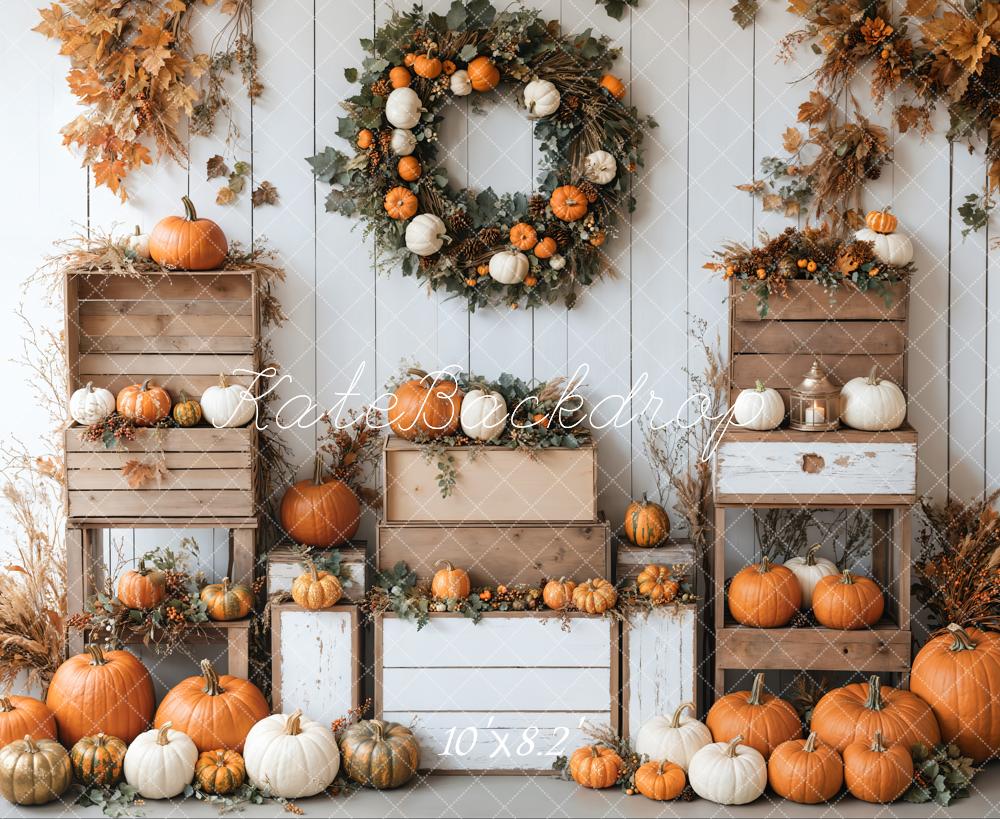 Kate Fall Pumpkins Wreath Wood Box Backdrop Designed by Emetselch