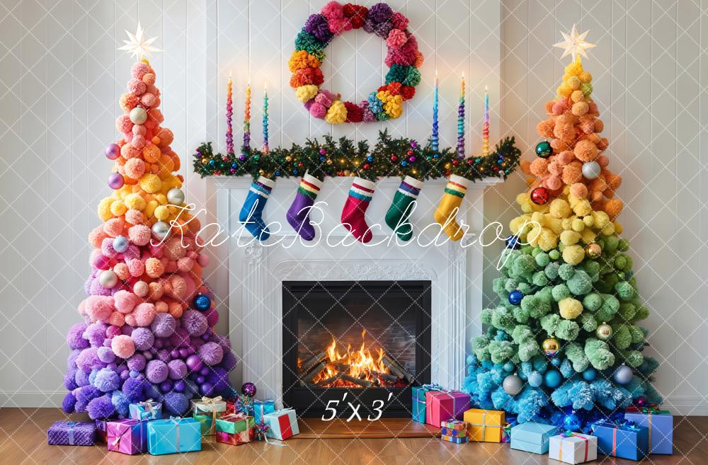 Kate Colorful Christmas Trees Fireplace Backdrop Designed by Emetselch